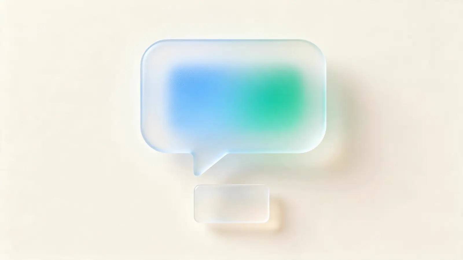Ilustração 3D: balão de conversa de vidro fosco azul e verde com um pequeno cartão de vidro separado logo abaixo — o anúncio destacado da resposta.